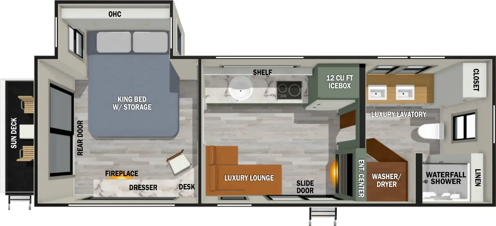 The RVS2 has one slideout and two entries. Interior layout front to back: full bathroom with linen closets, luxury lavatory with two sinks, waterfall shower, and washer/dryer; off-door side icebox, kitchen counter with cooktop, sink, and shelf above; door side entertainment center, sliding door entry, and luxury lounge; rear bedroom with off-door side king bed slideout with overhead cabinet, door side work area with desk, dresser and fireplace below, and rear sliding door that leads to a sun deck with steps.